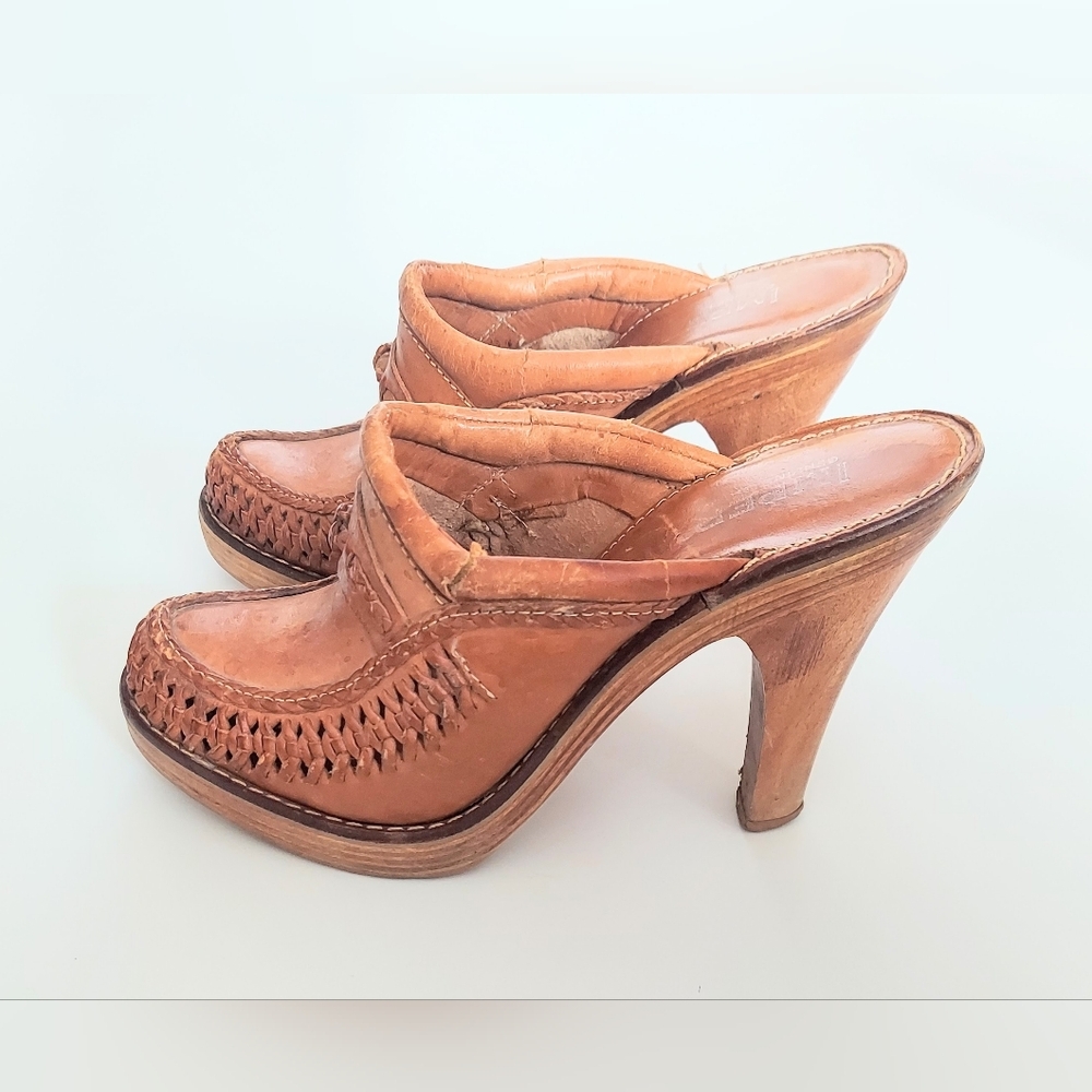 Imperial Woven Leather Wood Heels Clog Mules Women’s 5.5 Made In Brazil VTG 90s